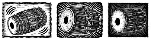 Indian drums vector set. Traditional Dholak musical instrument in hand drawn vintage woodcut illustration style.