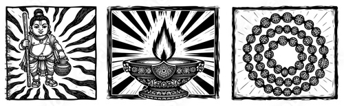 Hindu religious symbols vector icon set. Vamana avatar Diya lamp and Japa Mala in vintage woodcut print style.
