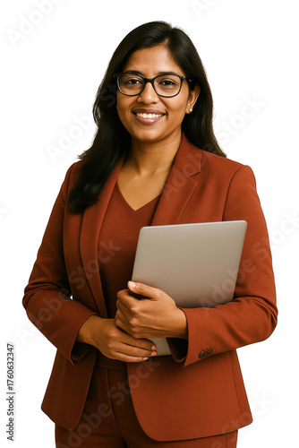 Smiling woman in a suit holding a laptop isolated on transparent background