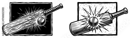 Cricket bat hitting a ball. Sports equipment for a game or championship. Set of vintage woodcut style vector illustrations.