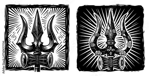 Shiva's Trishula vector illustration set. Hindu God trident symbol in vintage woodcut print style for Maha Shivaratri.
