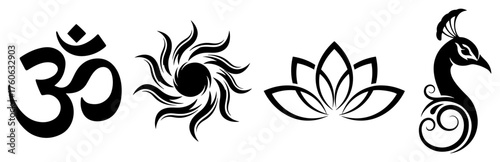 Spiritual Indian symbols vector icon set with Om Sudarshana Chakra lotus and peacock silhouettes for yoga and meditation.