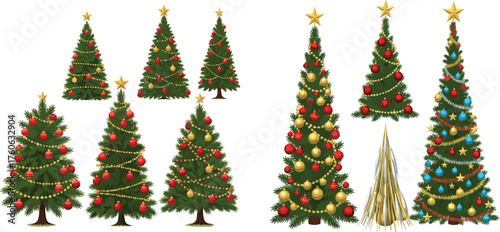 Large Vector Set of Decorated Christmas Trees with Red, Gold, and Blue Ornaments, Stars, and Garlands.
