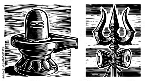 Shiva religious symbols vector set. Hand drawn Lingam and Trishula in vintage woodcut print style for Maha Shivaratri.
