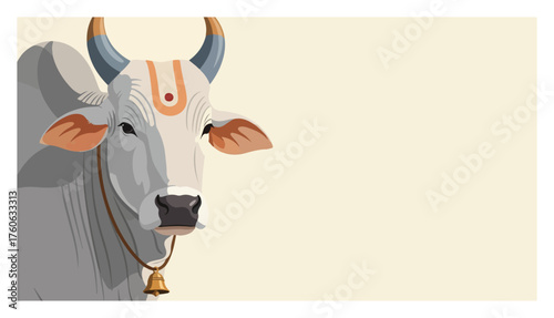 Portrait of a sacred Indian cow with a bell. Holy Nandi bull in modern flat vector style. Symbol of Hinduism with copy space for text.