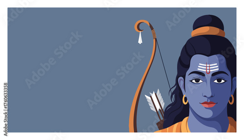 Lord Rama holding a bow and arrow. Hindu God portrait for Ram Navami or Dussehra festival. Modern flat vector illustration with copy space.