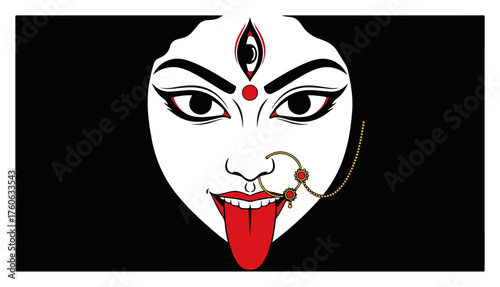 Goddess Kali Face with Third Eye and Extended Tongue Minimal Flat Vector