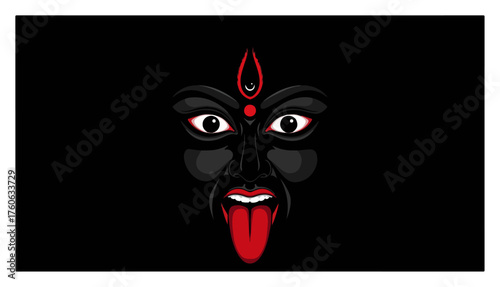 Hindu Goddess Kali face vector illustration. Fierce deity icon for Kali Puja or Navaratri festival on dark background.