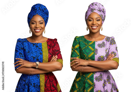 Two African women in colorful african print dresses isolated on transparent background