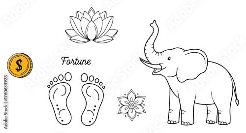 Indian good fortune and wealth symbols vector doodle set. Hand drawn line art with elephant lotus and Lakshmi footprints.