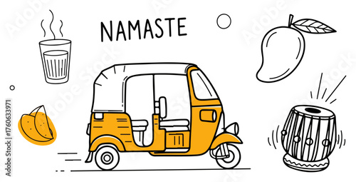 Set of Indian doodle icons. Hand-drawn vector sketch collection with auto rickshaw chai tea samosa mango and tabla. Namaste greeting.