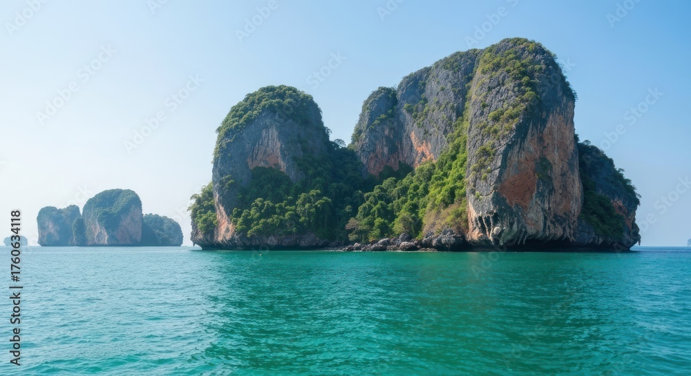 Naklejka premium Large green-topped limestone islands rise from serene turquoise sea on a sunny day