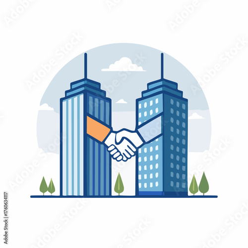 Corporate Merger - Buildings Handshaking in Business Deal.