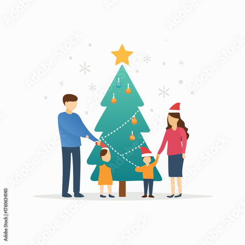 Family decorating Christmas tree together during the holiday season.