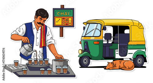 Indian street chai vendor pouring tea with auto rickshaw urban culture vector