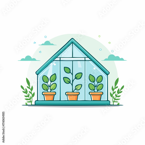 Greenhouse with potted plants under the blue sky.