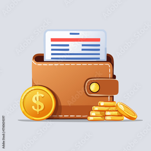Wallet with money and credit card, financial concept illustration.