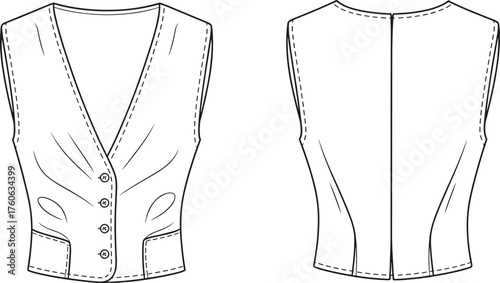 Stylish button front tailored vest with v neck and pockets front and back fashion flat sketch, CAD drawing flat vector illustration