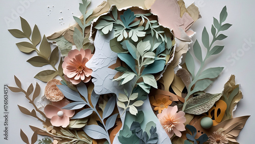 Elegant paper art portrait of woman adorned with delicate floral foliage