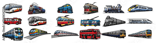 Public transport vehicle vector collection. Cartoon set of various trains buses and trams for city and travel illustration.