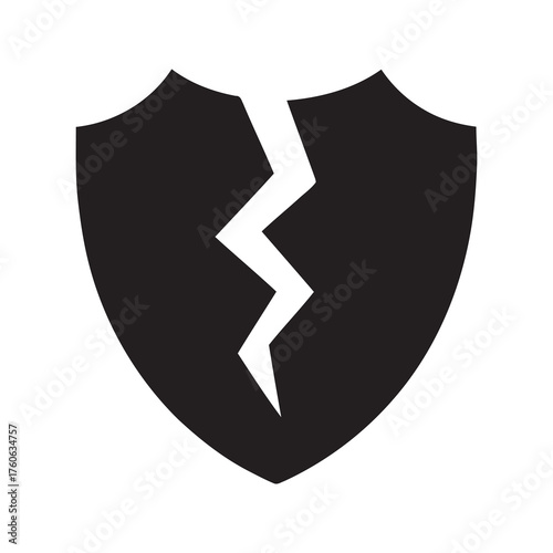 Broken shield icon representing vulnerability security risk and system failure showing a lack of protection against digital cyber attack