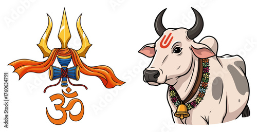Shiva Trishul with Om and Holy Cow Indian Symbols Vector Set