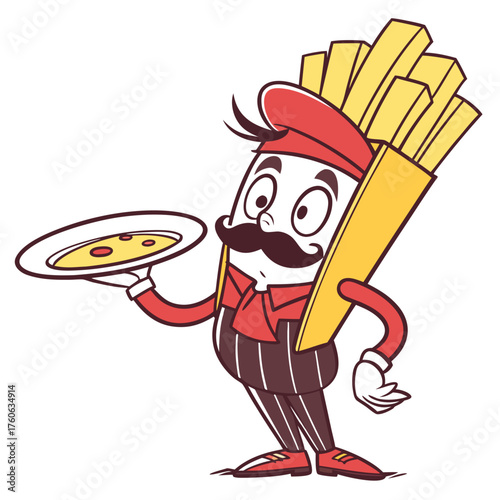Funny French fries character dressed as an Italian waiter with a mustache