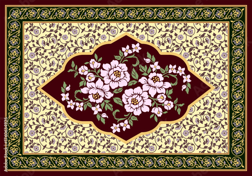 Elegant floral carpet design featuring pink blossoms and gold arabesque borders on a burgundy background, perfect for luxury textiles and rugs.