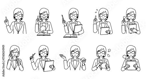 Businesswoman Office Worker Character Expressions Monochrome Vector Set
