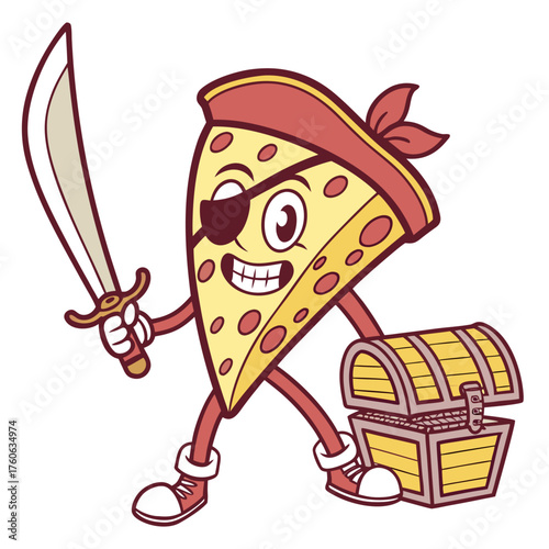 A cheese slice pirate guarding a treasure chest with a sword.