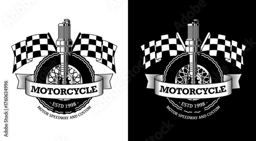 Motorcycle club or custom garage vector logo spark plug spoked wheel checkered racing flags crossed behind a ribbon banner black and white reverse versions for branding and merchandise