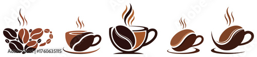 Collection of coffee cup logo templates. Vector icon set with coffee beans and steam for a cafe coffee shop or brand identity.