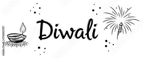 Happy Diwali greeting card design. Hand-drawn vector illustration with calligraphy diya lamp and firework. Sketch style banner for the festival of lights.