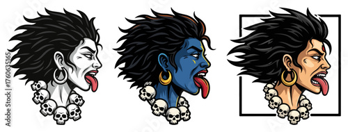 Goddess Kali Profile Emblem with Skull Necklace and Extended Tongue Color Vector Illustration
