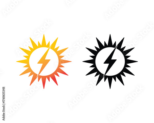 Solar Power Lightning Bolt Logo: Sunburst Energy and Electricity Symbol