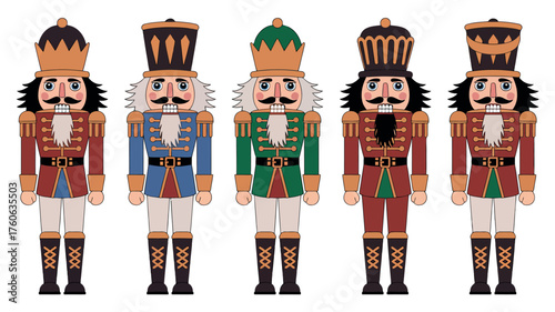 Five traditional nutcracker figures standing in a row