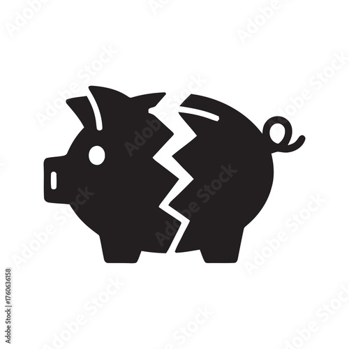 Broken piggy bank icon representing financial crisis bankruptcy or loss of savings symbolizing economic recession and investment failure