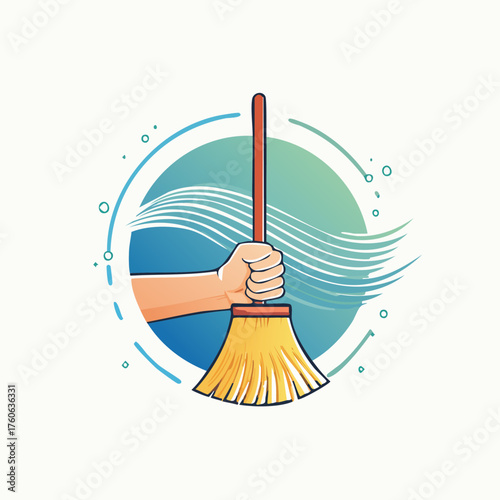 Hand Holding Broom Cleaning with Circular Background.