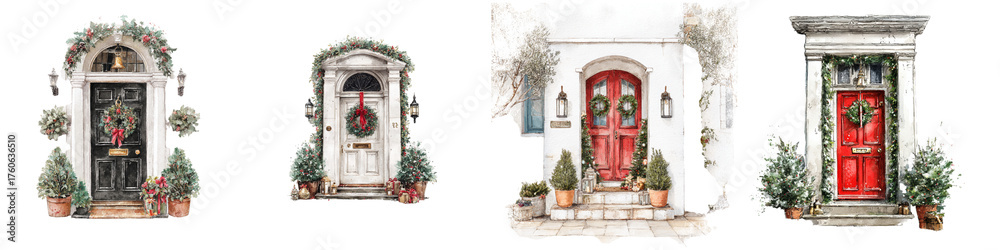 Fototapeta premium A collection of four decorative doors adorned with festive wreaths and plants, showcasing unique designs and colors.