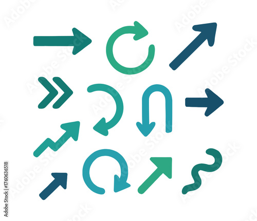 Assorted Directional Arrows in Teal and Green Gradient on White Background for Design Projects and Presentations