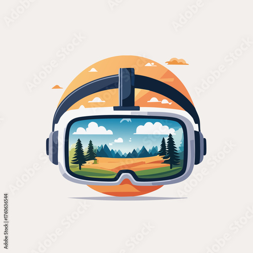 Virtual reality headset with landscape view, immersive experience.