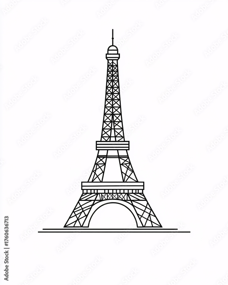 Fototapeta premium Line art illustration of the Eiffel Tower, iconic Paris landmark in minimalist black and white style 