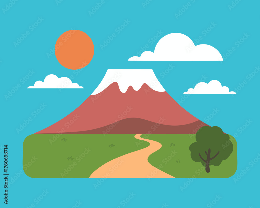 Fototapeta premium Flat Design Mountain Landscape Illustration: Mount Fuji, Nature, and Adventure Art