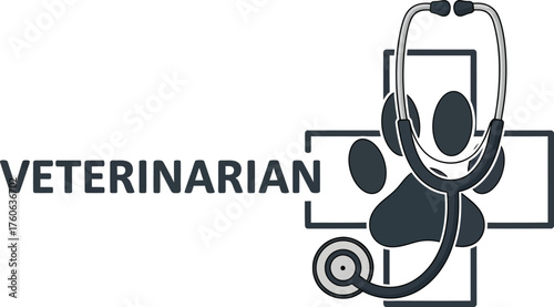 Veterinarian logo design featuring a paw print and stethoscope for animal health care services clinic and pet care professionals