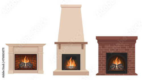 Collection of three decorative fireplaces with burning flames