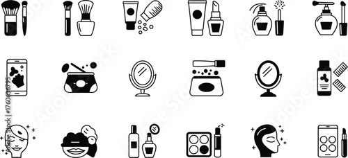Collection of Beauty and Makeup Icons Representing Cosmetic Products and Facial Care Essentials for Modern Lifestyle