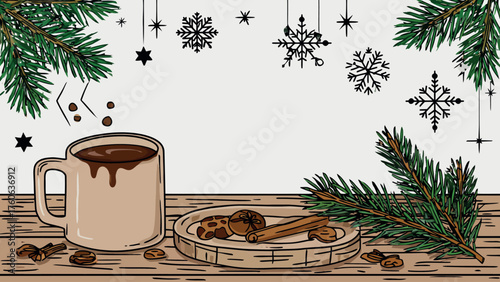 Cozy winter scene with hot chocolate and christmas decorations