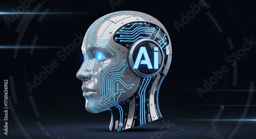 A futuristic ai robot head with glowing brain and eyes, symbolizing artificial intelligence and advanced technology, in a dark background