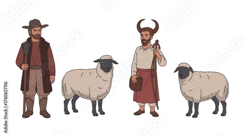 Two shepherds with sheep in a rustic style illustration
