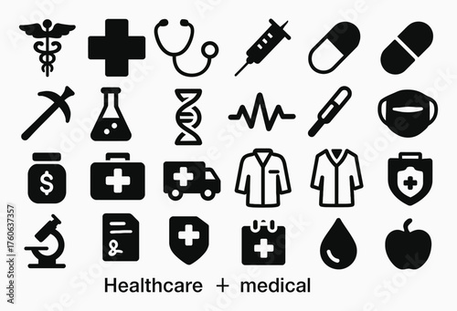 Healthcare and medical black silhouette icons set representing essential tools equipment and symbols for modern health services and practices concept